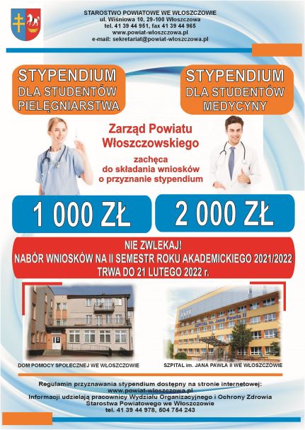Plakat stypendium dla studentów - zachęca zarząd Powiatu Włoszczowskiego, www.powiat-wloszczowa.pl, informacje we wpisie