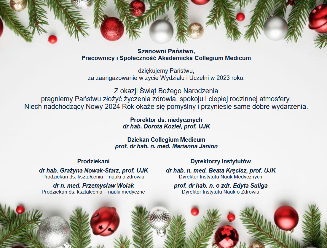 życzenia świąteczna od Władz Wydziału Collegium Medicum, wymienione są wszystkie osoby z Władz Wydziału