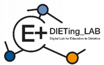 logo projektu E+DIETing_LAB Digital Lab for Education in Dietetics combining Experiential Learning and Community Service, zawiera napis nazwy projektu oraz napis E+