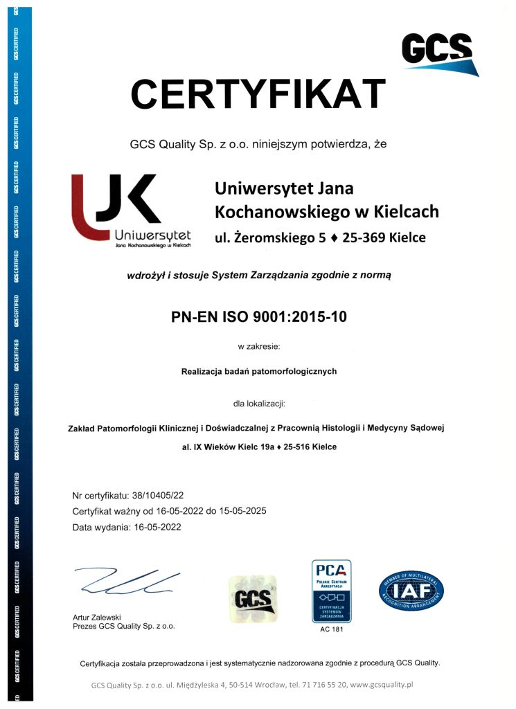Certyfikat potwierdzający realizację badań patomorfologicznych