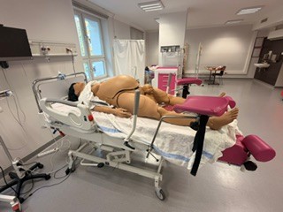 Zdjęcie przedstawia salę do badań klinicznych z osobą leżącą na mobilnym stole medycznym wyposażonym w podparcia. Stanowisko otoczone jest aparaturą medyczną, przewodami, monitorami oraz wyposażeniem pomocniczym. W pomieszczeniu widoczne są również szafki, stołki, okna i oświetlenie sufitowe.