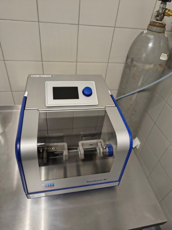 Zdjęcie przedstawia urządzenie laboratoryjne TissueLyser III ustawione na metalowym blacie. Przez przezroczystą osłonę widoczne są metalowe elementy mocujące, a na panelu sterowania znajduje się wyświetlacz i pokrętło regulacyjne. Obok urządzenia stoi butla gazowa z regulatorem i podłączonym przewodem.