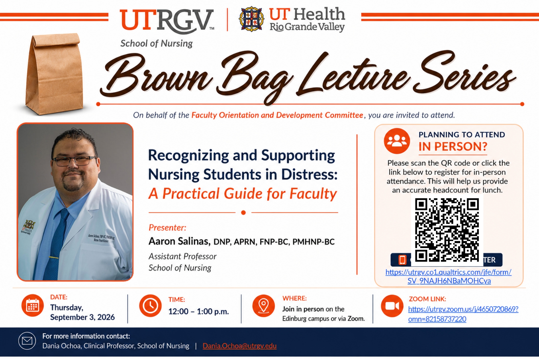 Grafika informuje o wykładzie z cyklu „Brown Bag Lecture Series” poświęconym wspieraniu studentów pielęgniarstwa w sytuacjach kryzysowych. Spotkanie odbędzie się 3 września 2026 r. stacjonarnie lub online.